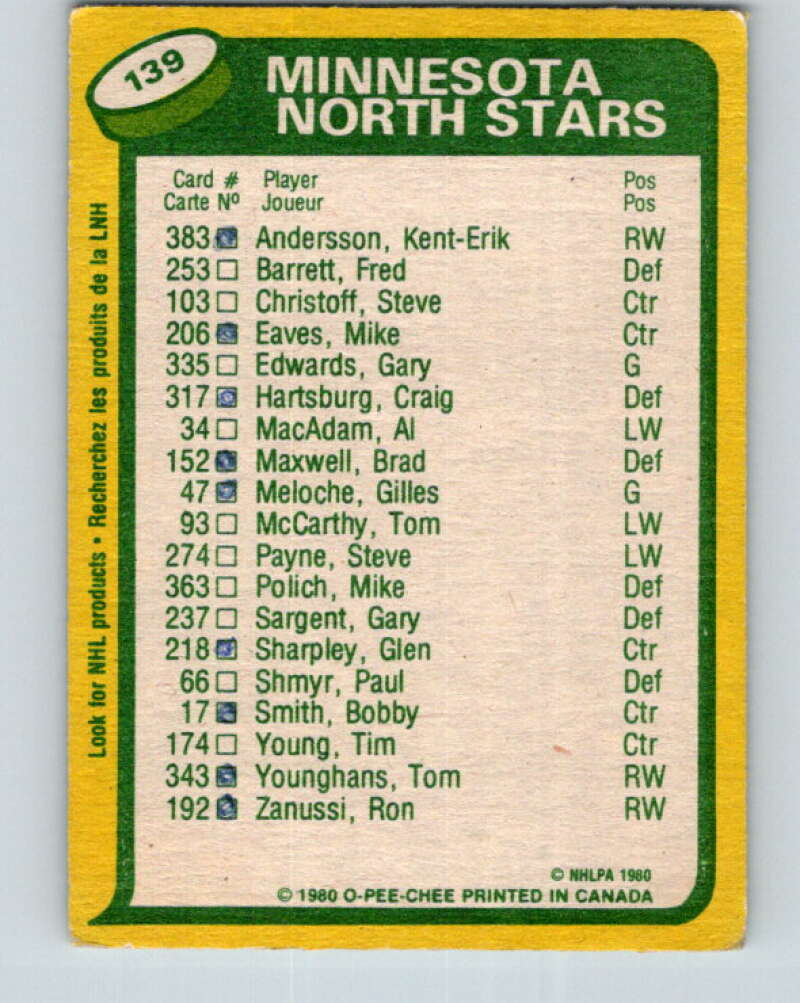 1980-81 O-Pee-Chee #139 Al MacAdam/Steve Payne TL  Minnesota North Stars  V38412