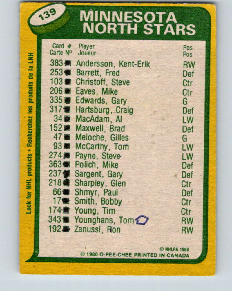 1980-81 O-Pee-Chee #139 Al MacAdam/Steve Payne TL  Minnesota North Stars  V38418
