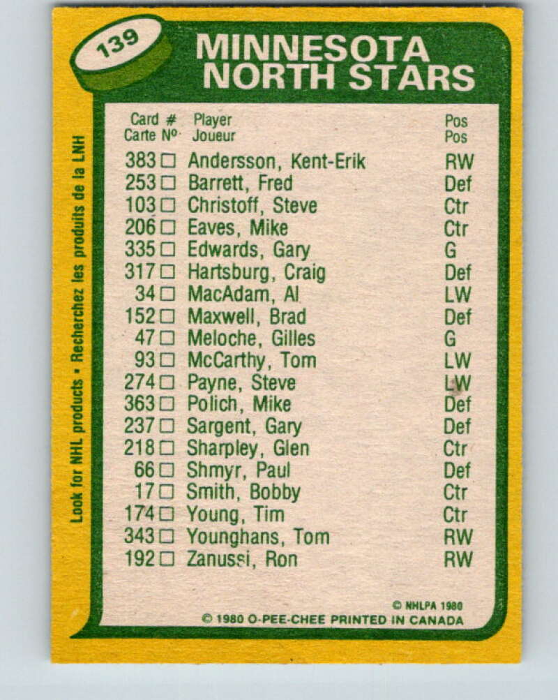 1980-81 O-Pee-Chee #139 Al MacAdam/Steve Payne TL  Minnesota North Stars  V38420