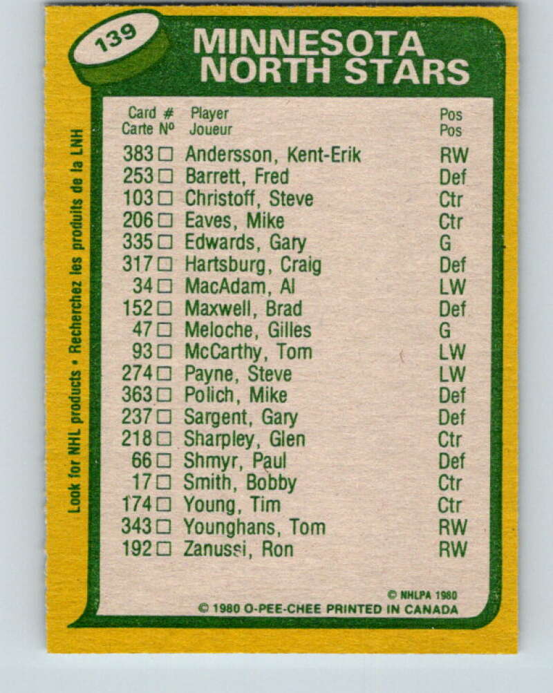 1980-81 O-Pee-Chee #139 Al MacAdam/Steve Payne TL  Minnesota North Stars  V38421