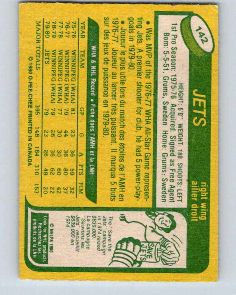 1980-81 O-Pee-Chee #142 Willy Lindstrom  Winnipeg Jets  V38434