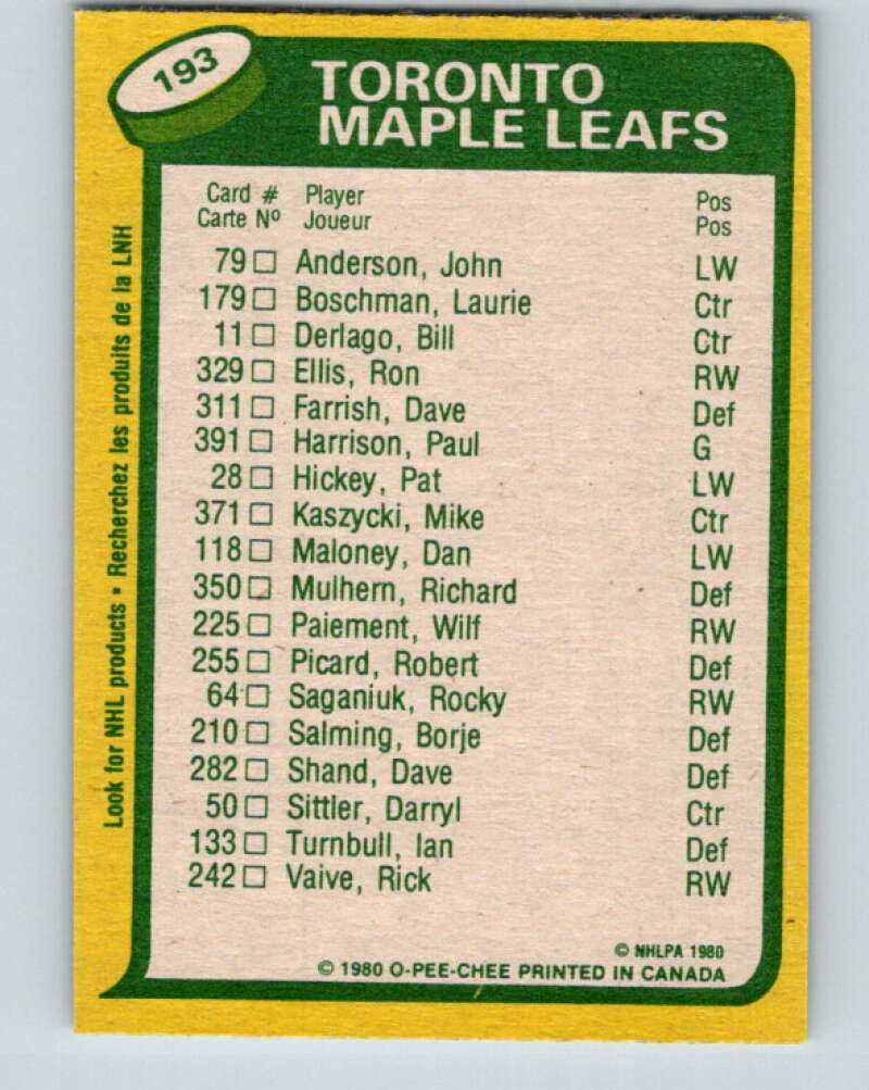 1980-81 O-Pee-Chee #193 Darryl Sittler TL  Toronto Maple Leafs  V38942