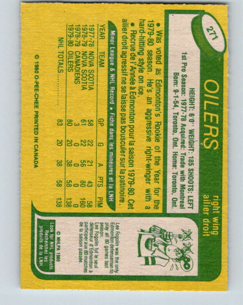 1980-81 O-Pee-Chee #271 Dave Lumley  RC Rookie Edmonton Oilers  V39821