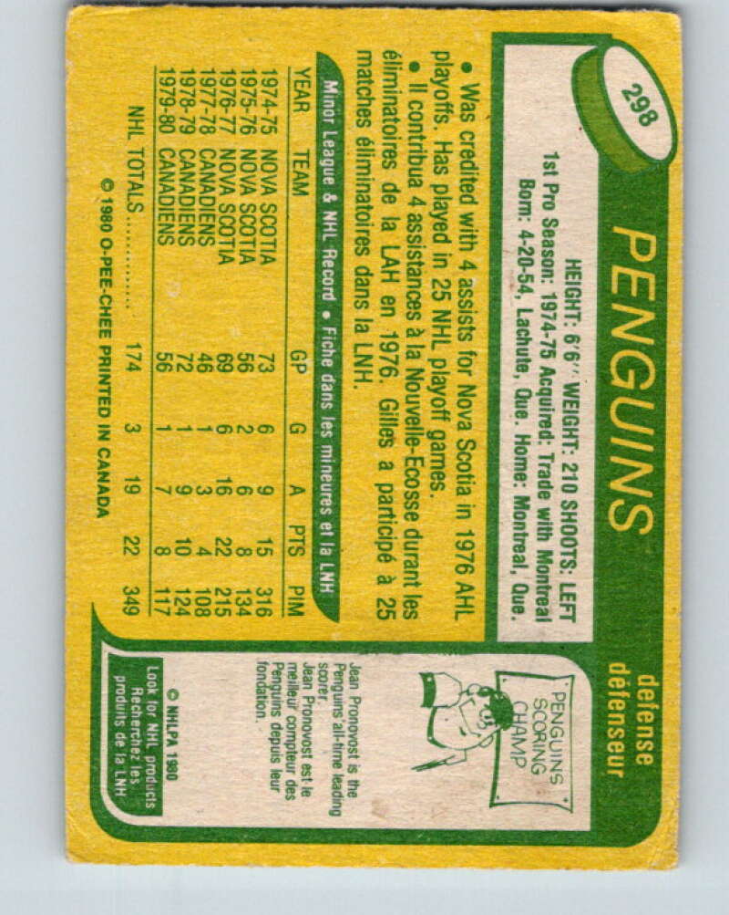 1980-81 O-Pee-Chee #298 Gilles Lupien  RC Rookie Pittsburgh Penguins  V40103