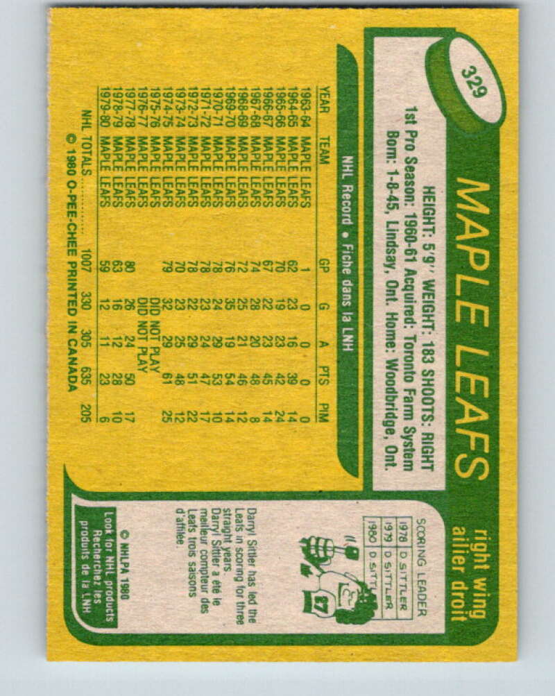 1980-81 O-Pee-Chee #329 Ron Ellis  Toronto Maple Leafs  V40409