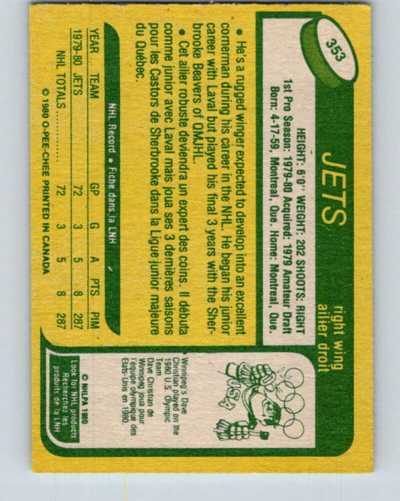 1980-81 O-Pee-Chee #353 Jimmy Mann  RC Rookie Winnipeg Jets  V40647