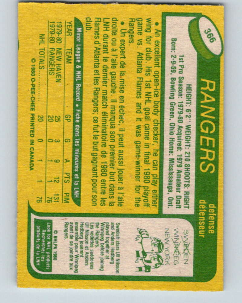 1980-81 O-Pee-Chee #366 Ed Hospodar  RC Rookie New York Rangers  V40764