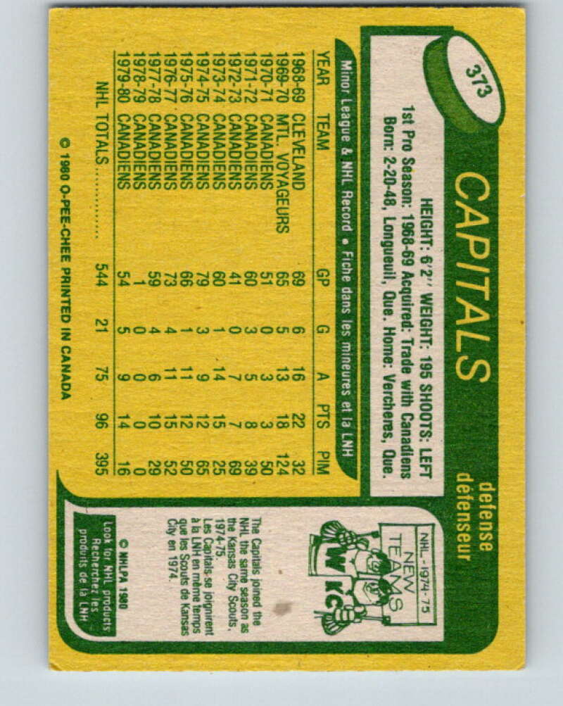 1980-81 O-Pee-Chee #373 Pierre Bouchard  Washington Capitals  V40844