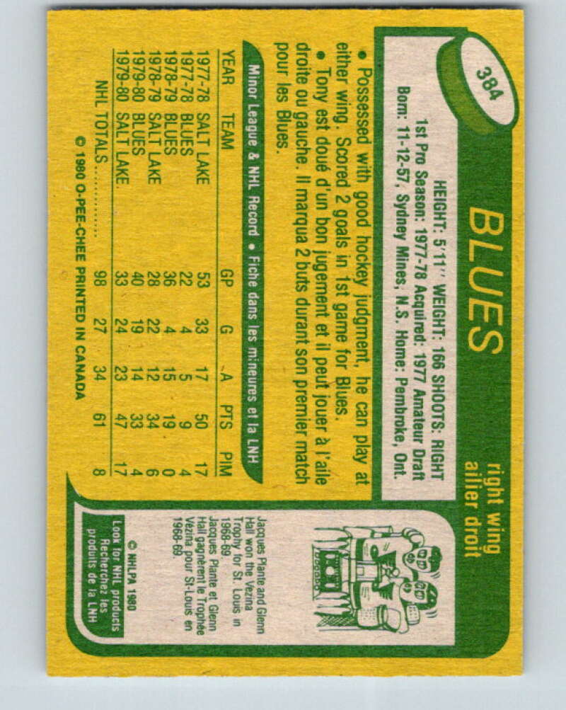 1980-81 O-Pee-Chee #384 Tony Currie  RC Rookie St. Louis Blues  V40965