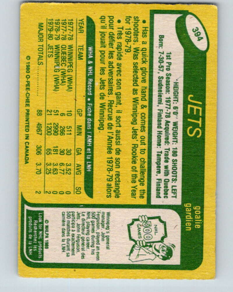1980-81 O-Pee-Chee #394 Markus Mattsson  RC Rookie Winnipeg Jets  V41071
