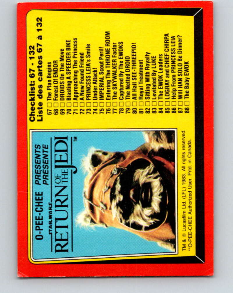 1983 OPC Star Wars Return Of The Jedi #132 Checklist 67-132   V42733