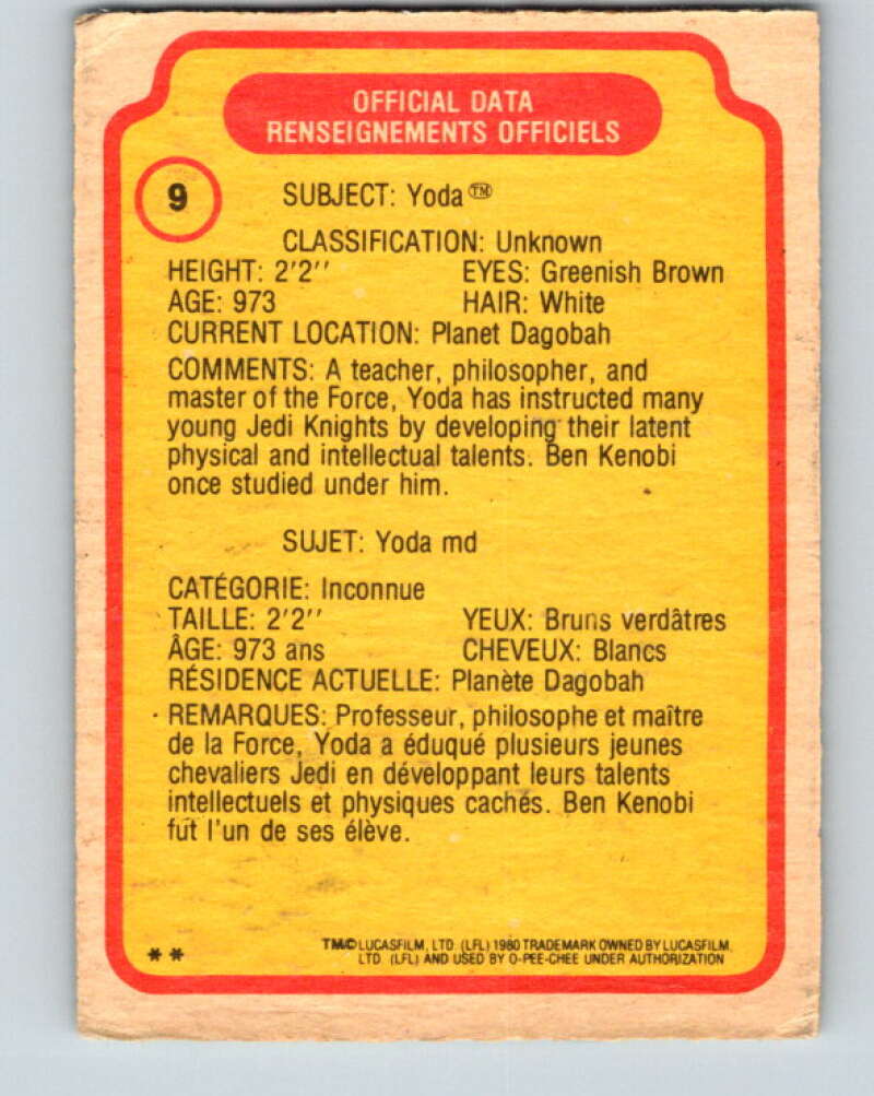 1980 OPC The Empire Strikes Back #9 Yoda   V42765