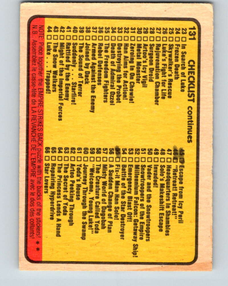 1980 OPC The Empire Strikes Back #131 Checklist 1-66   V43152