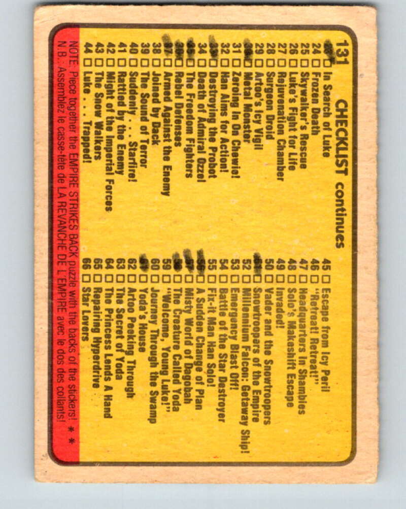 1980 OPC The Empire Strikes Back #131 Checklist 1-66   V43153