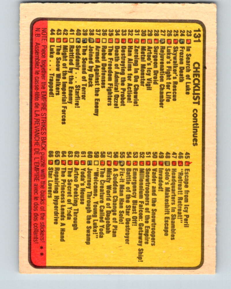 1980 OPC The Empire Strikes Back #131 Checklist 1-66   V43154
