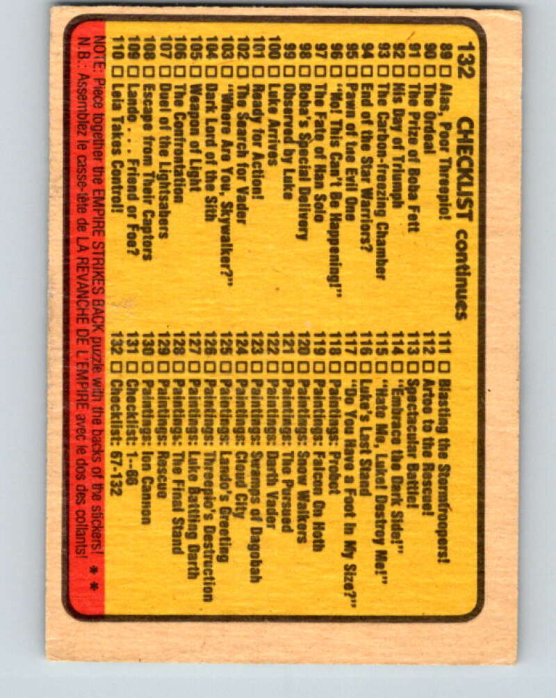 1980 OPC The Empire Strikes Back #132 Checklist 67-132   V43157