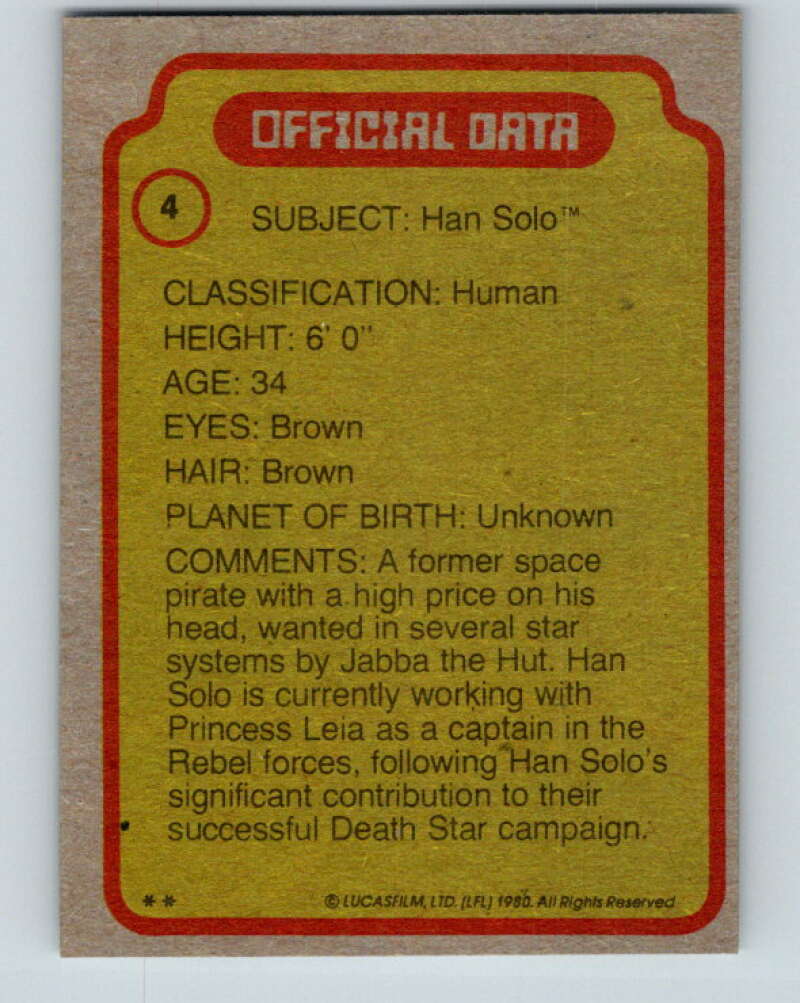 1980 Topps The Empire Strikes Back #4 Han Solo   V43310