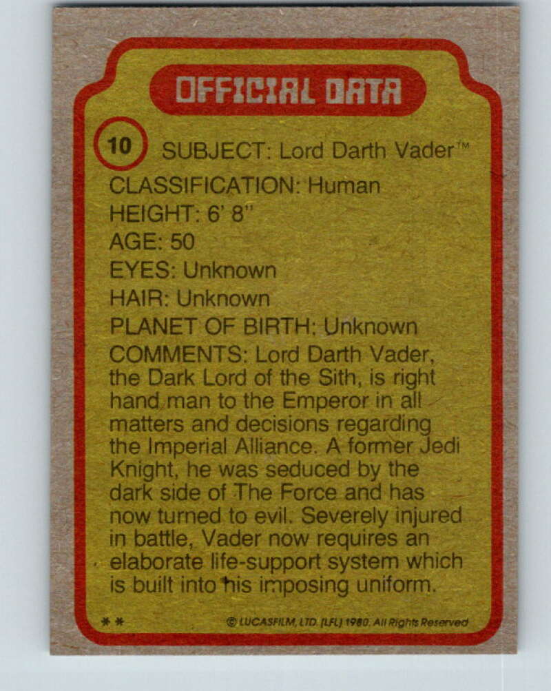 1980 Topps The Empire Strikes Back #10 Darth Vader   V43320