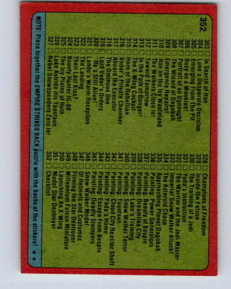 1980 Topps The Empire Strikes Back #352 Checklist 265-352   V44066