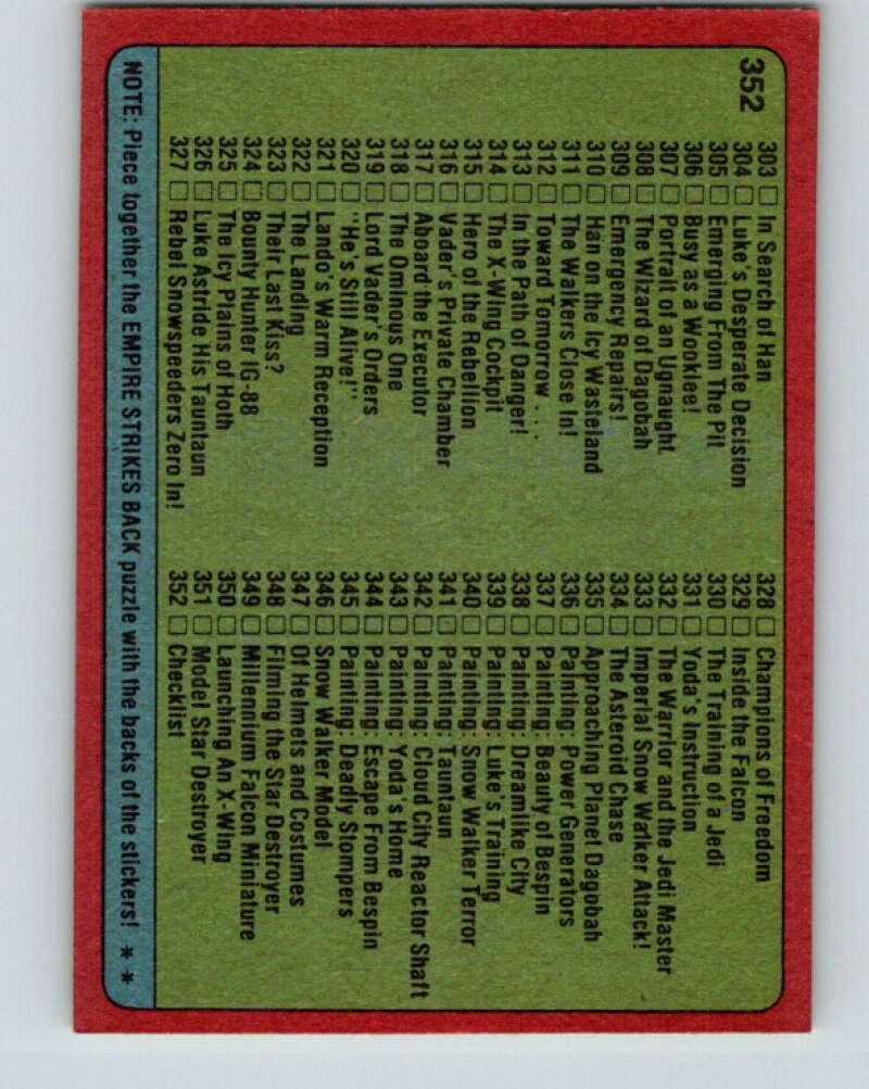 1980 Topps The Empire Strikes Back #352 Checklist 265-352   V44067