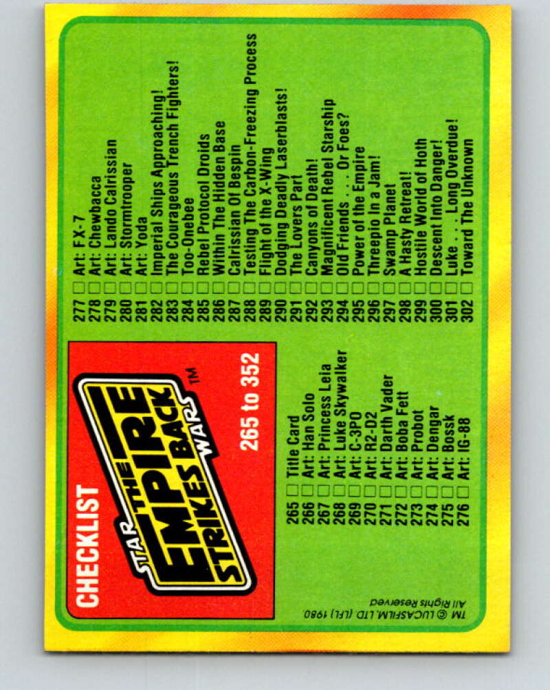 1980 Topps The Empire Strikes Back #352 Checklist 265-352   V44068