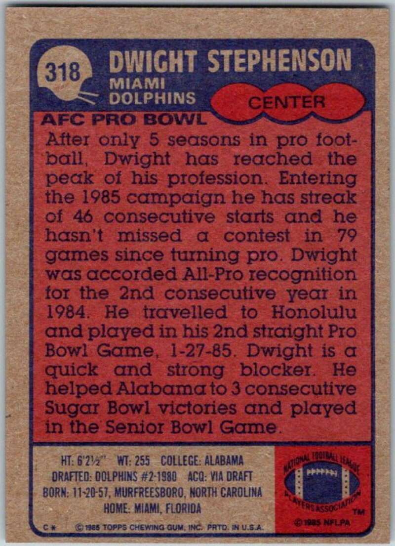 1985 Topps Football #318 Dwight Stephenson  Miami Dolphins  V44809