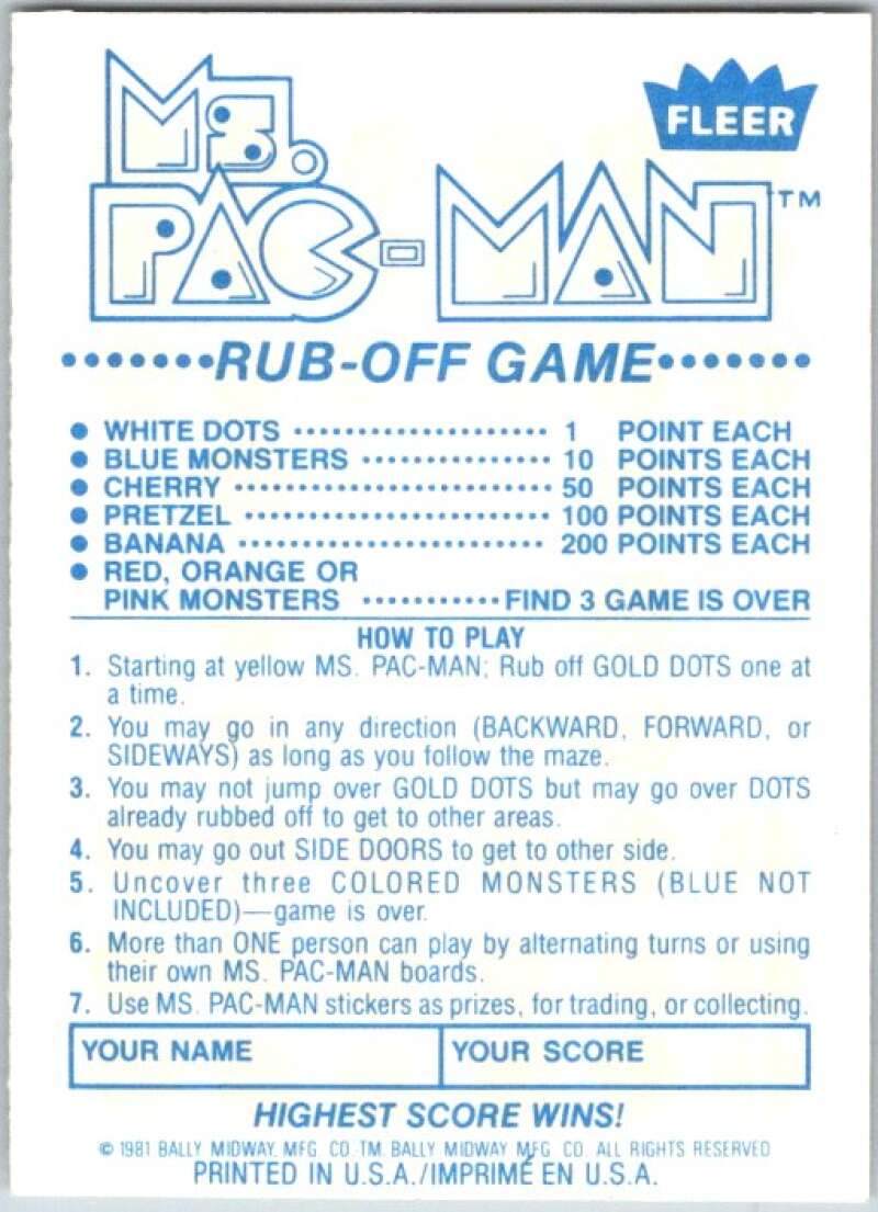1981 Fleer Ms. Pac-Man Act 1 Rub-Off Game Card Unscratched  V44868