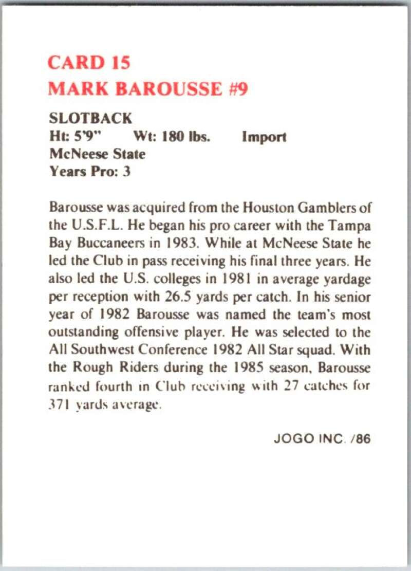 1986 Jogo CFL Football #15 Mark Barousse #9  V45021