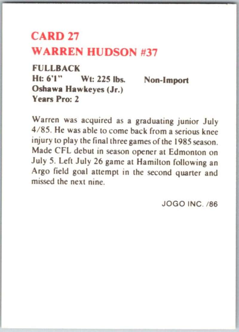1986 Jogo CFL Football #27 Warren Hudson #37  V45033