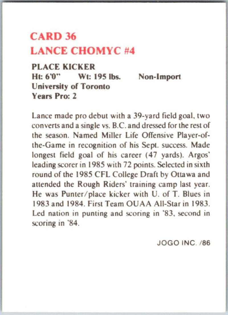 1986 Jogo CFL Football #36 Lance Chomyc #4  V45042