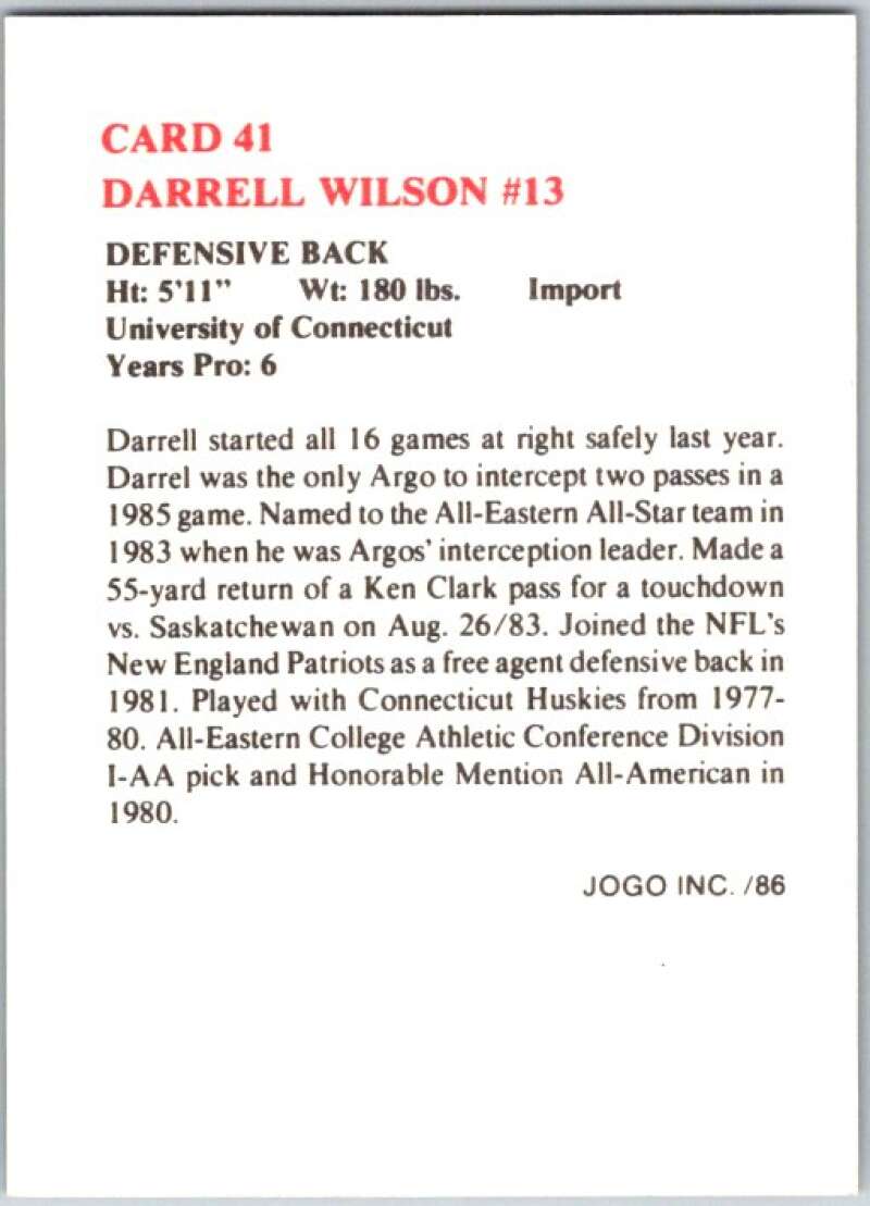 1986 Jogo CFL Football #41 Darrell Wilson #13  V45049