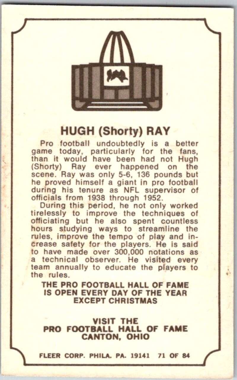 1975 Fleer The Immortal Roll Football #NNO Hugh (Shorty) Ray  V45996