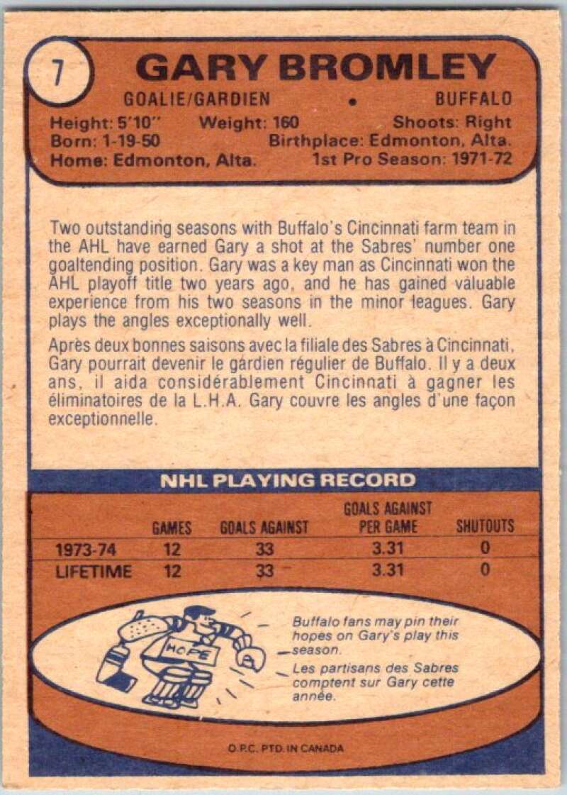 1974-75 O-Pee-Chee #7 Gary Bromley  RC Rookie Buffalo Sabres  V46128