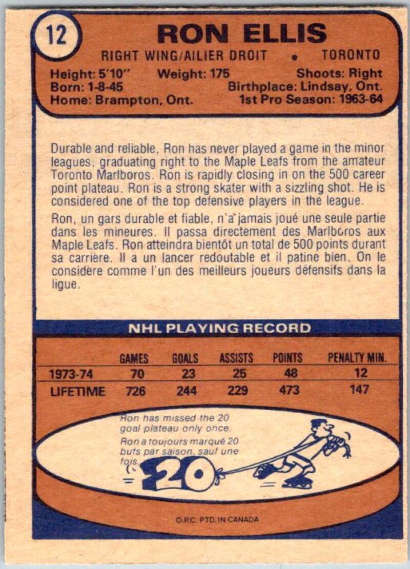 1974-75 O-Pee-Chee #12 Ron Ellis  Toronto Maple Leafs  V46133