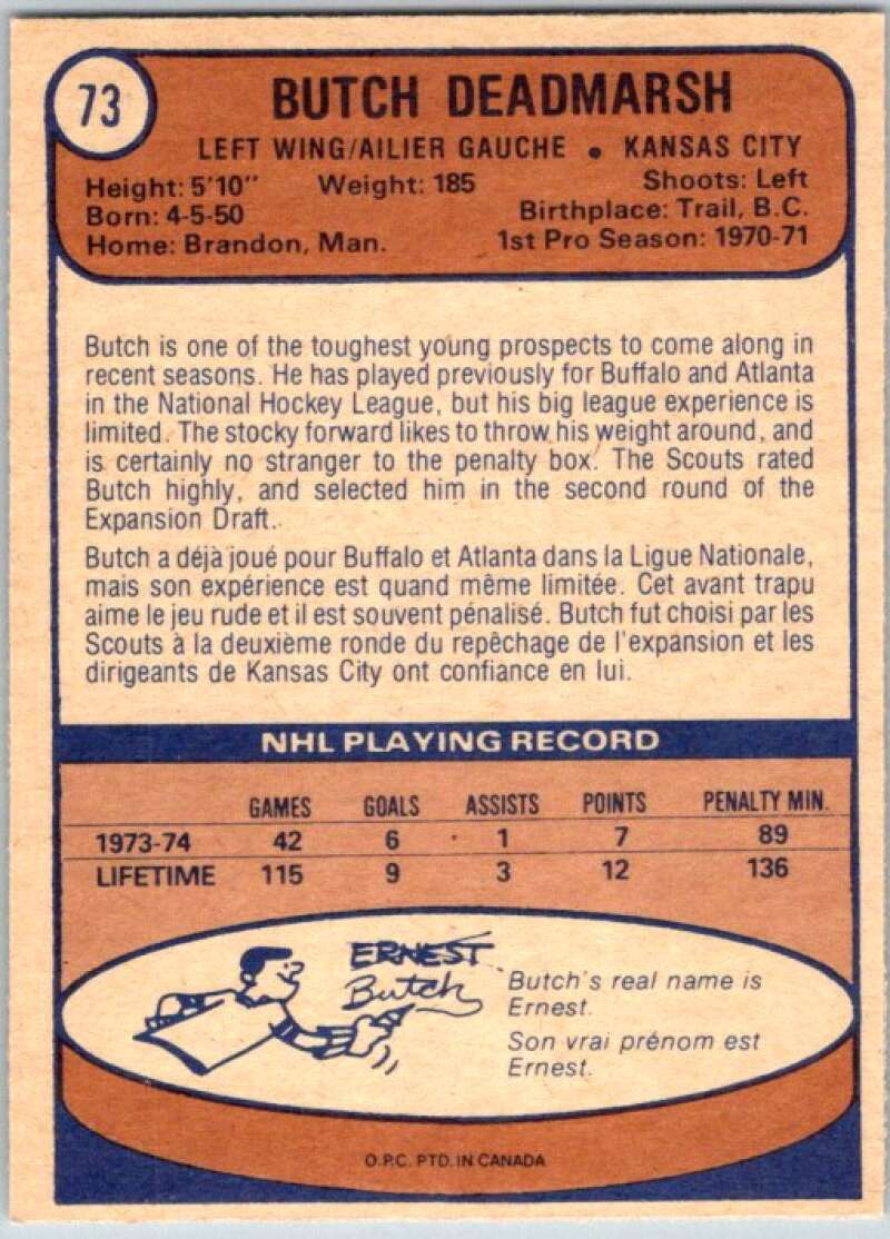 1974-75 O-Pee-Chee #73 Butch Deadmarsh  Kansas City Scouts  V46194