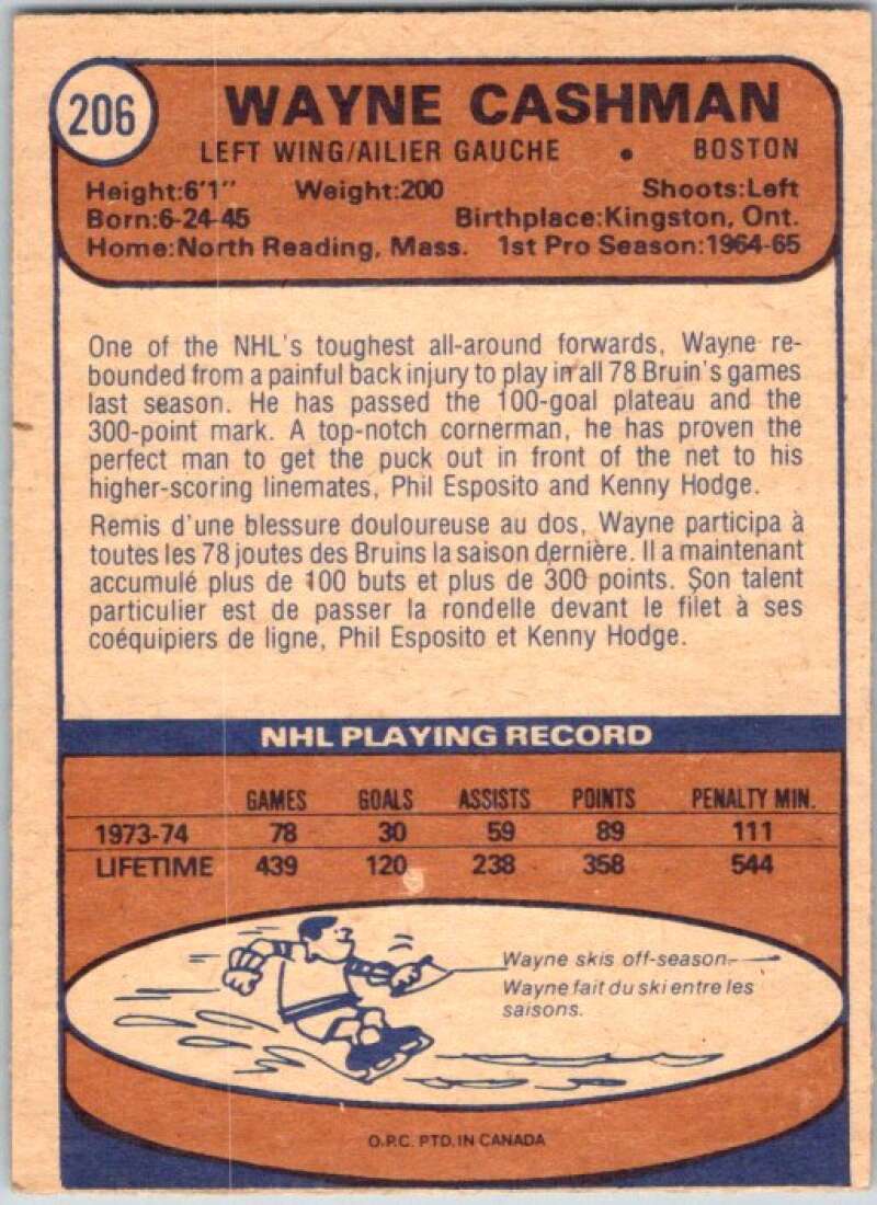 1974-75 O-Pee-Chee #206 Wayne Cashman  Boston Bruins  V46319