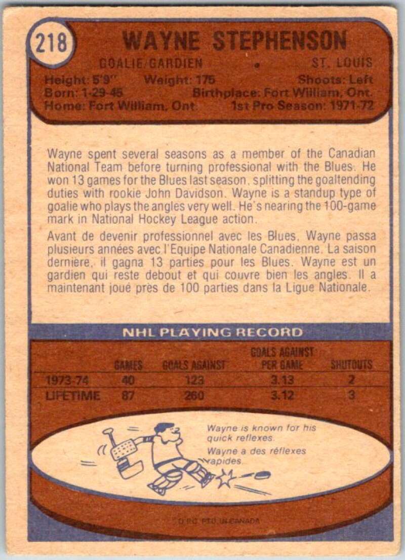 1974-75 O-Pee-Chee #218 Wayne Stephenson  St. Louis Blues  V46331