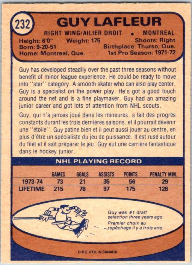 1974-75 O-Pee-Chee #232 Guy Lafleur  Montreal Canadiens  V46345