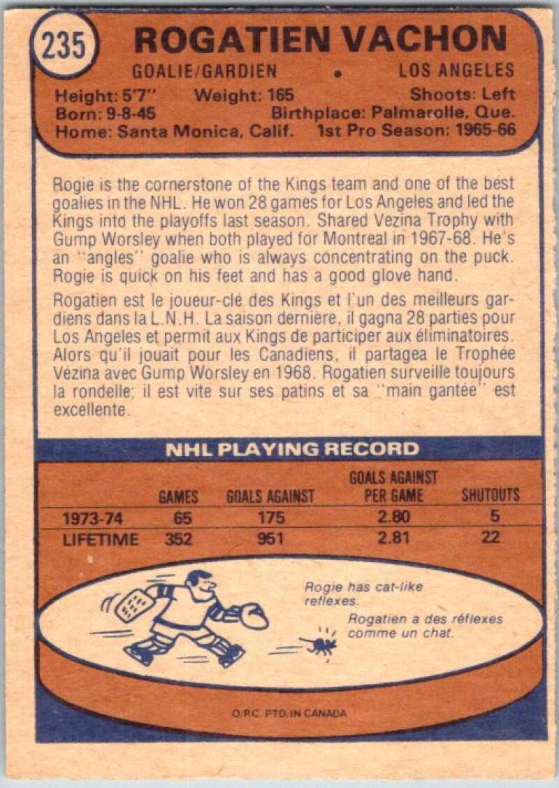 1974-75 O-Pee-Chee #235 Rogie Vachon  Los Angeles Kings  V46348