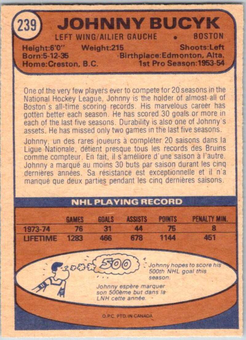 1974-75 O-Pee-Chee #239 Johnny Bucyk  Boston Bruins  V46352