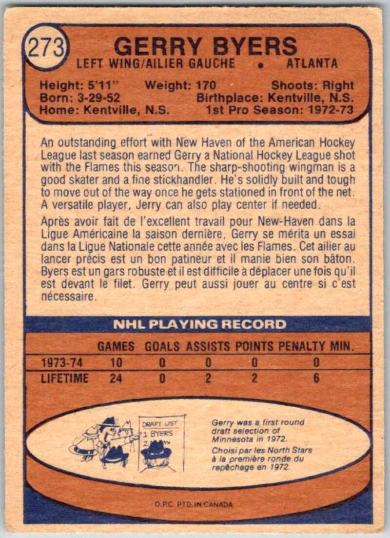 1974-75 O-Pee-Chee #273 Jerry Byers  RC Rookie Atlanta Flames  V46385
