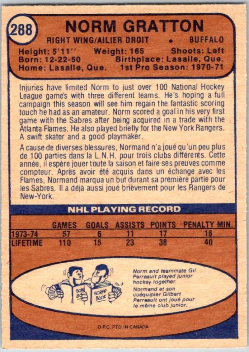 1974-75 O-Pee-Chee #288 Norm Gratton  RC Rookie Buffalo Sabres  V46399