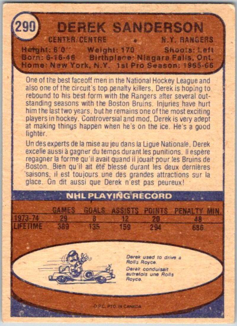 1974-75 O-Pee-Chee #290 Derek Sanderson  New York Rangers  V46401