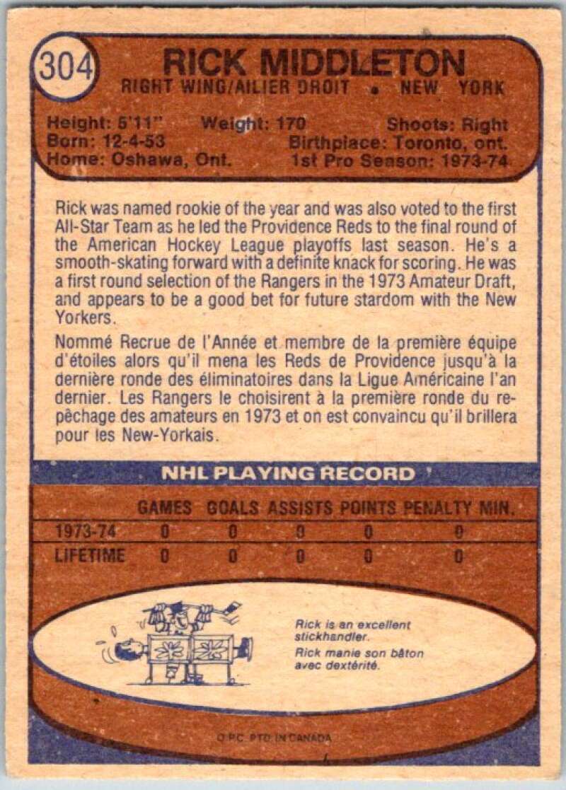 1974-75 O-Pee-Chee #304 Rick Middleton  RC Rookie New York Rangers  V46415