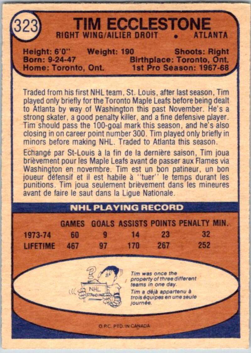 1974-75 O-Pee-Chee #323 Tim Ecclestone  Toronto Maple Leafs  V46434