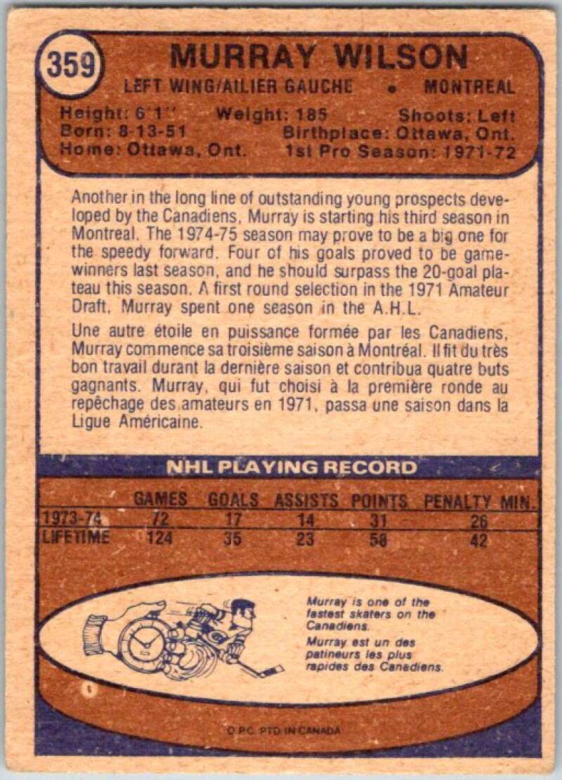 1974-75 O-Pee-Chee #359 Murray Wilson  Montreal Canadiens  V46468