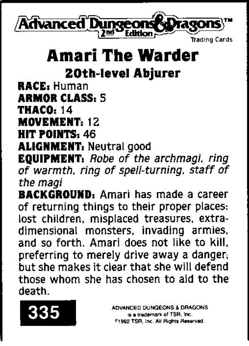 1992 Dungeons & Dragons Gold #335 Amari The Warder  V47093