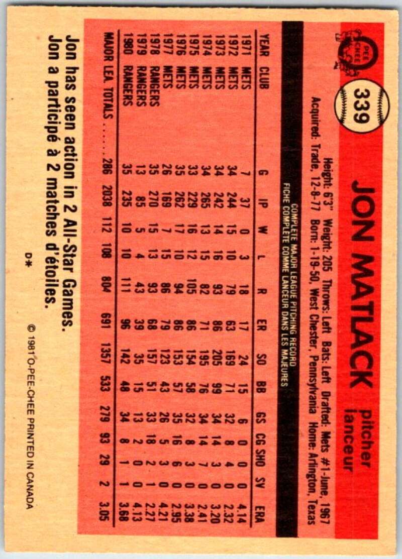 1981 O-Pee-Chee MLB #339 Jon Matlack  Texas Rangers  V47784