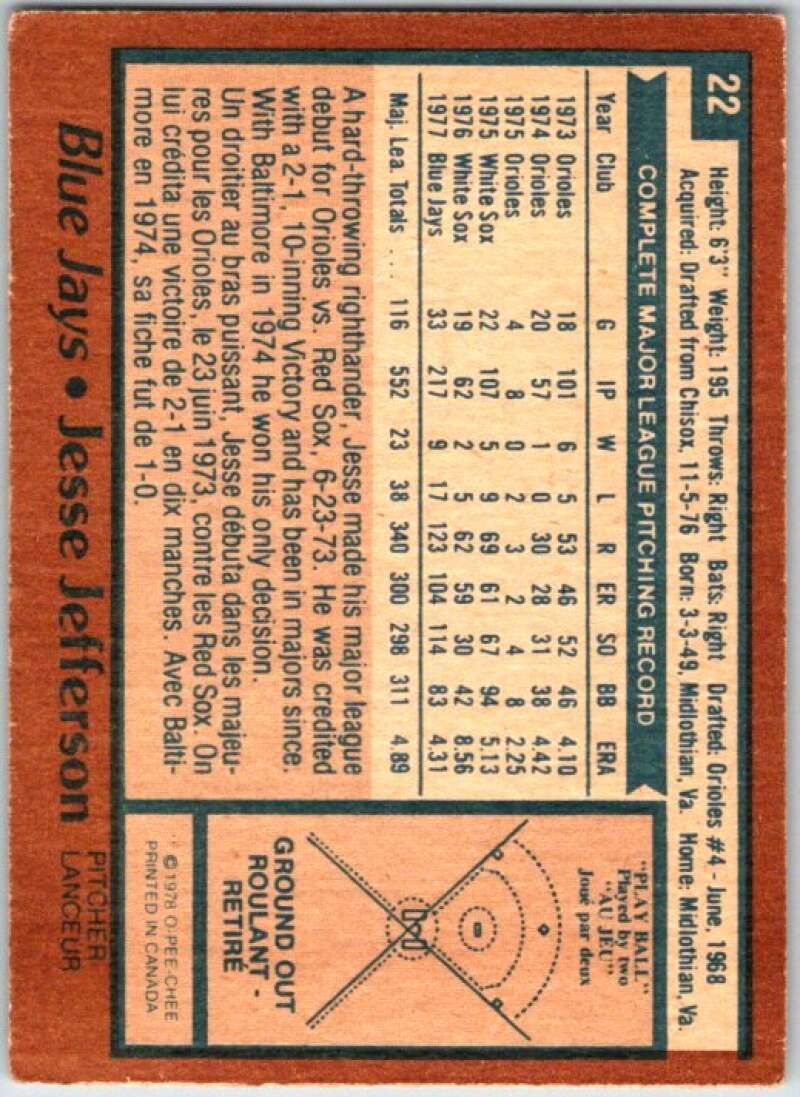 1978 O-Pee-Chee MLB #22 Jesse Jefferson  Toronto Blue Jays  V48507