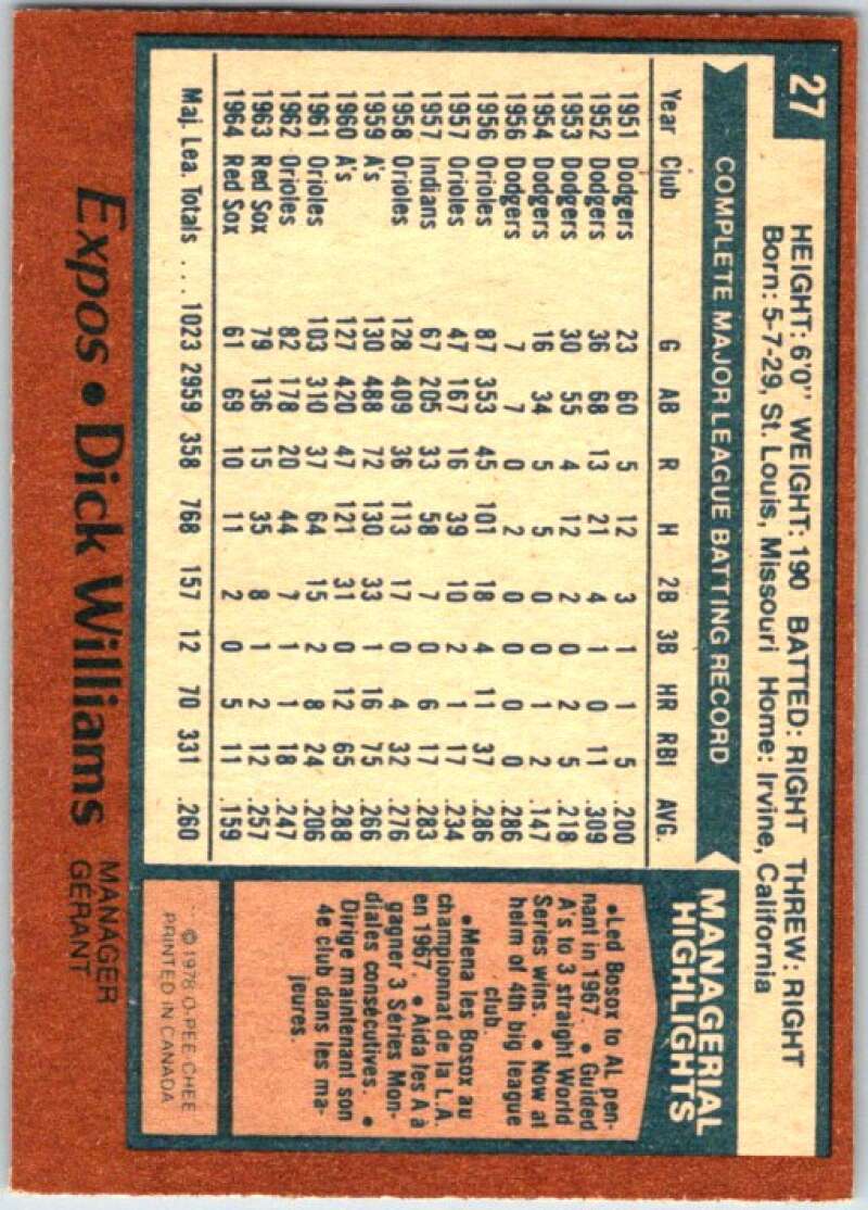 1978 O-Pee-Chee MLB #27 Dick Williams MG  Montreal Expos  V48518